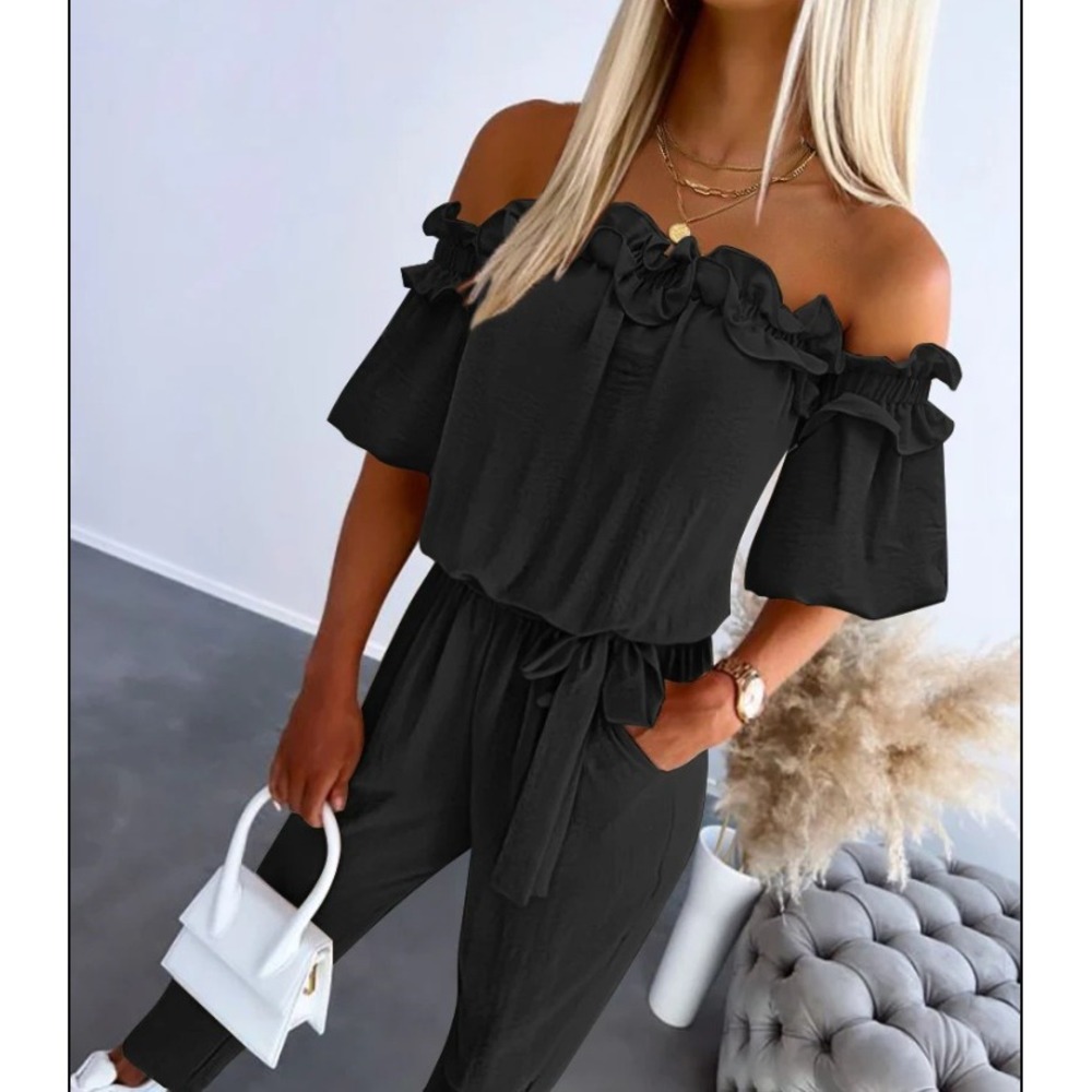ChicMe Jumpsuit Womens L Black Off Shoulder Ruffle Sleeve Pockets Party Wedding
